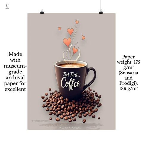 "But First, Coffee" Wall Art | Museum-Grade Archival Print & Framed Options | Perfect Kitchen & Cafe Deco Printify