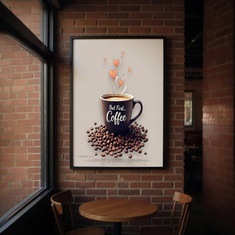 "But First, Coffee" Wall Art | Museum-Grade Archival Print & Framed Options | Perfect Kitchen & Cafe Deco V VENTURE