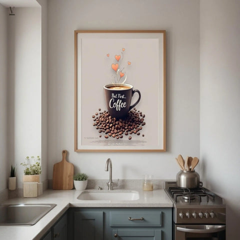 "But First, Coffee" Wall Art | Museum-Grade Archival Print & Framed Options | Perfect Kitchen & Cafe Deco V VENTURE