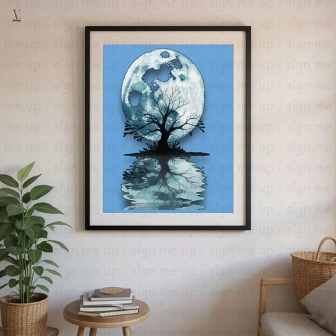 Mystical Moon Tree PNG: Reflective Water Art, POD Design (Digital Download V VENTURE