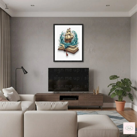 Nautical Adventure Book Digital Art | Ship on Waves Printable Wall Decor | Instant Download for Home & POD V VENTURE