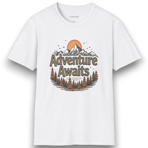 V VENTURE Adventure T-Shirt"Adventure Awaits" Unisex T-Shirt - Premium Softstyle Cotton Tee V VENTURE