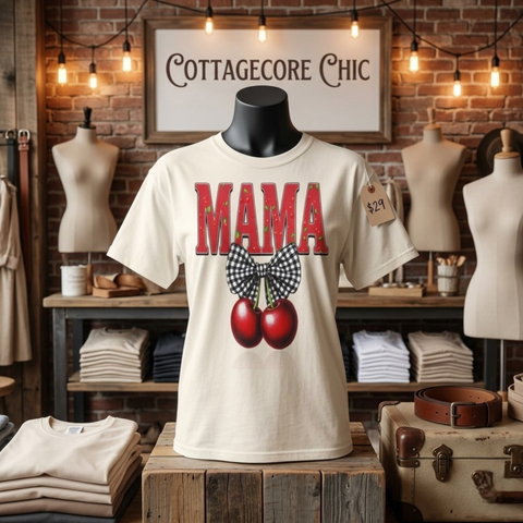 Retro MAMA Glitter Cherry Design PNG - Large 24x36 300DPI - Sublimation and DTG File